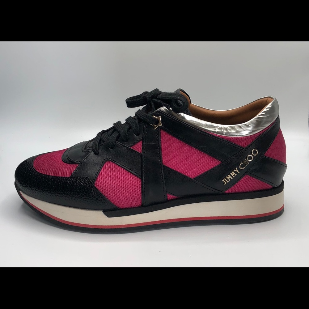 JIMMY CHOO Pink Mesh/Black Leather Sneakers - Picture 4 of 8